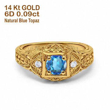 14K Yellow Gold 0.15ct Round Antique Style 5mm G SI Natural Blue Topaz Diamond Engagement Wedding Ring Size 6.5